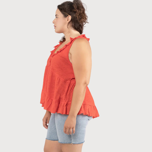 NWT Brand New Women's Plus Size DEX Babydoll Ruffled Tank Firey Red 1X - Picture 2 of 7